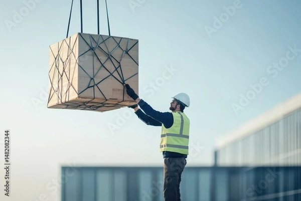 Fototapeta Industrial worker in safety gear helping lift a heavy package with a crane, illustrating logistics, safety, and manual handling in a construction or port environment.