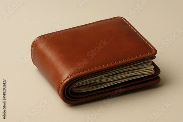 Obraz Brown leather wallet filled with cash resting on a neutral beige surface in a minimal composition