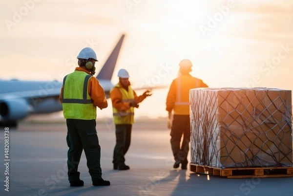 Fototapeta Workers in safety gear guide large crates being loaded onto a plane on the runway during a bright sunset