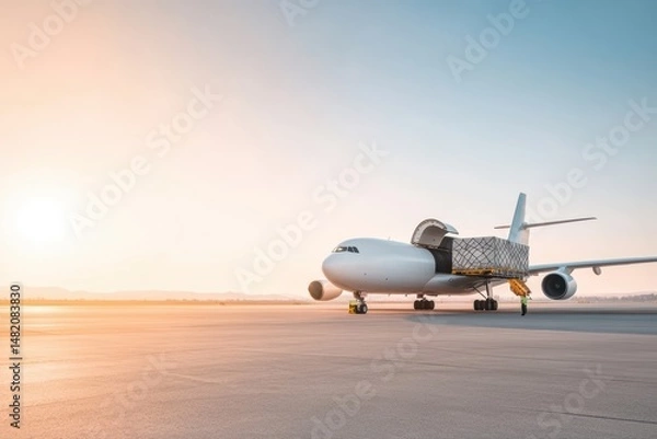 Fototapeta Cargo plane parked on tarmac with open doors under sunny skies preparing for logistics operations and smooth loading process