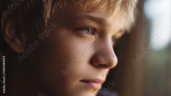 Fototapeta A boy with brown hair and blue eyes. He is looking at the camera. The photo is in black and white