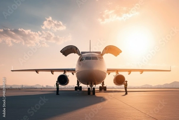 Fototapeta Cargo plane with open doors and ground crew on airport tarmac at sunset, illustrating air cargo logistics, aviation operations, and global transportation.