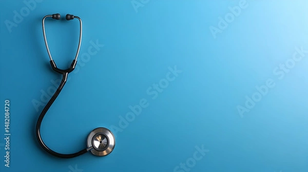 Fototapeta Medical stethoscope positioned on a vibrant blue surface.