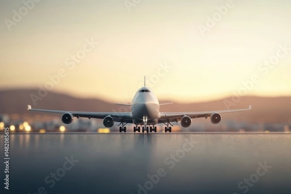 Fototapeta Large cargo plane on airport runway at sunset, a low-angle front view illustrating air transportation, aviation readiness, and global logistics.