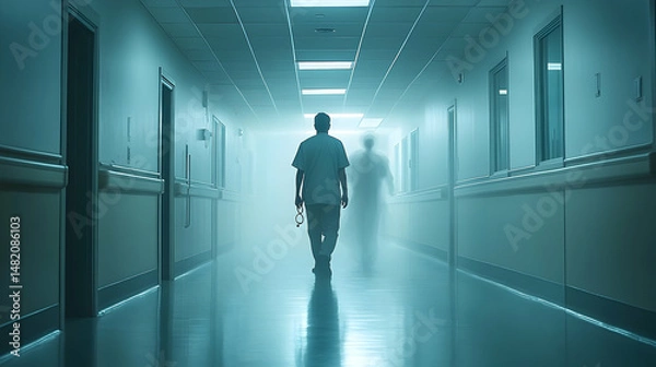 Fototapeta Empty hospital corridor with figures walking away.