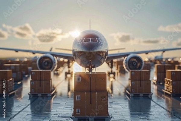Fototapeta Air cargo pallets with packages on airport tarmac in front of a cargo plane at sunset, surrounded by cargo boxes, illustrating logistics, global transportation, and freight readiness.