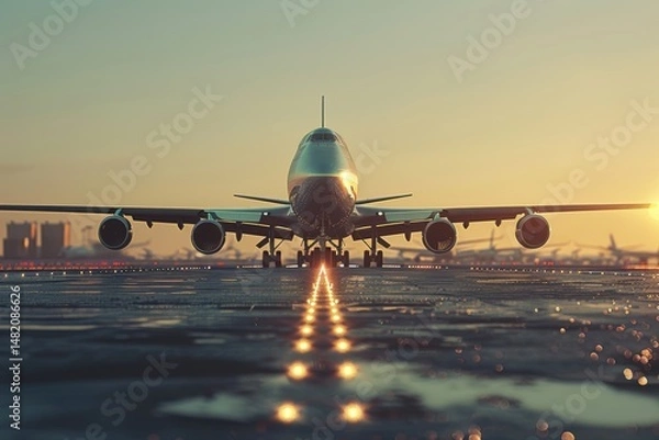 Fototapeta Wide-body airplane stands ready on airport runway during golden hour sunset. Commercial aviation and travel concept. Includes runway lights and blurred background
