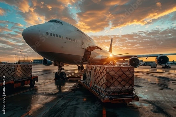 Fototapeta Large cargo plane with open door being unloaded on airport tarmac at sunset, illustrating air cargo logistics, global transportation, and freight operations.