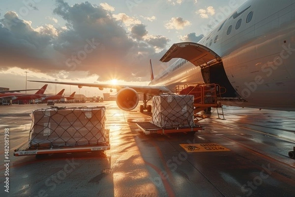 Fototapeta Large cargo plane with open door being unloaded on airport tarmac at sunset, illustrating air cargo logistics, global transportation, and freight operations.