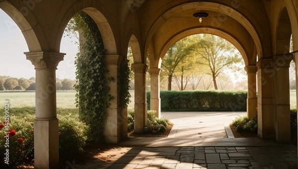 Fototapeta Floral archway framing a sunlit path.