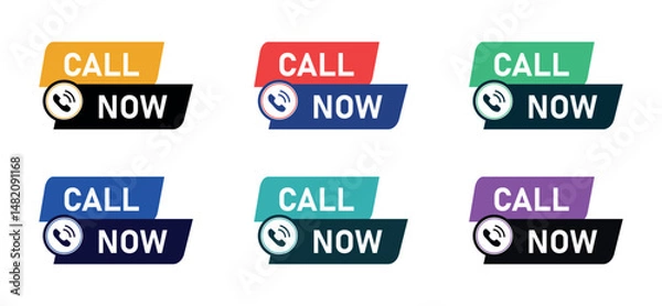 Fototapeta Call Now Button Label Vector Set – Colorful Click to Call Badges for Phone Contact, Customer Support, Sales Hotline, Service Request, Marketing UI Elements