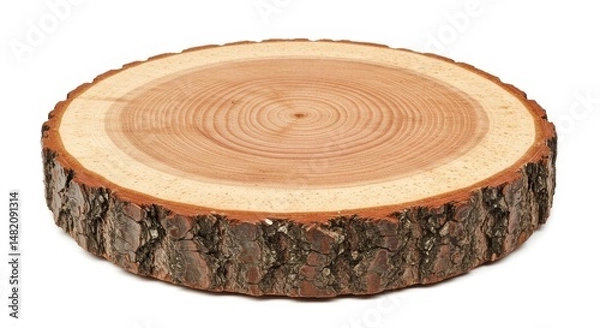 Fototapeta Photo of a Round Wood Slice with Bark on White Background