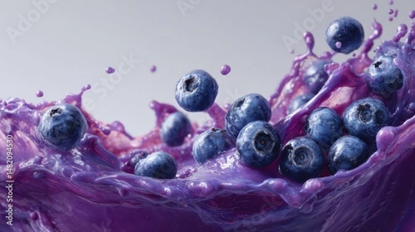 Fototapeta Vivid blueberry juice splash with floating berries on white canvas