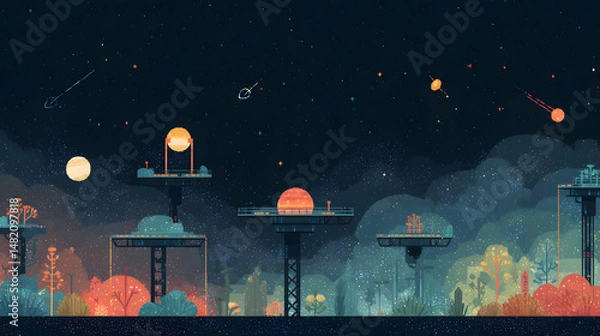 Obraz A space-themed retro game landscape showing a floating platform world suspended in a galaxy sky. Neon stars blink in the background with parallax scrolling planets and comets. The terrain includes