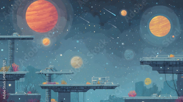 Obraz A space-themed retro game landscape showing a floating platform world suspended in a galaxy sky. Neon stars blink in the background with parallax scrolling planets and comets. The terrain includes