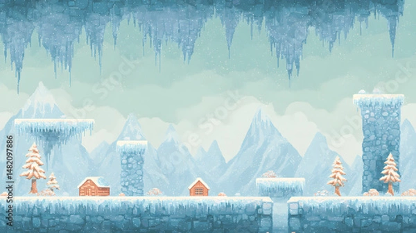 Obraz A detailed winter retro level with icy blue mountains, frozen water tiles, and snow-covered platforms. Icicles hang from stone bricks while animated snowflakes drift down from a pixelated clouded