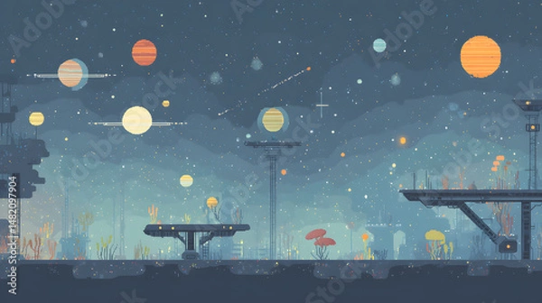 Obraz A space-themed retro game landscape showing a floating platform world suspended in a galaxy sky. Neon stars blink in the background with parallax scrolling planets and comets. The terrain includes