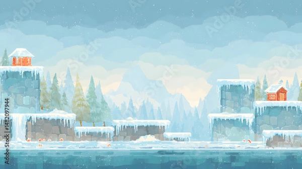 Obraz A detailed winter retro level with icy blue mountains, frozen water tiles, and snow-covered platforms. Icicles hang from stone bricks while animated snowflakes drift down from a pixelated clouded