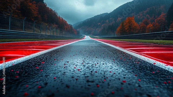 Fototapeta Wet racetrack asphalt, autumnal forest, cloudy day, perspective view, rain drops,  racing, speed, nature,  winding road,  mountains,  landscape,  fall foliage,ty.