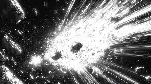Fototapeta Abstract explosion of shattered debris in space.