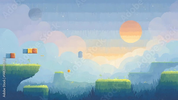 Obraz A pixelated retro game landscape featuring rolling green hills, floating brick platforms, and coin-like objects suspended mid-air. The sky is a soft gradient of pastel blues and purples, dotted with