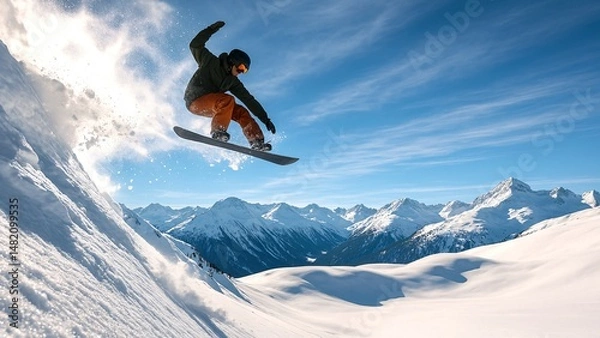 Fototapeta Snowboarder jumping high, performing a trick in midair, with a breathtaking backdrop of snow-covered mountains and a clear blue sky, showcasing the thrill and freedom of winter sports