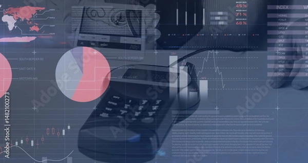 Obraz Hand holding banknote over payment terminal at office desk, with financial charts and smartphone