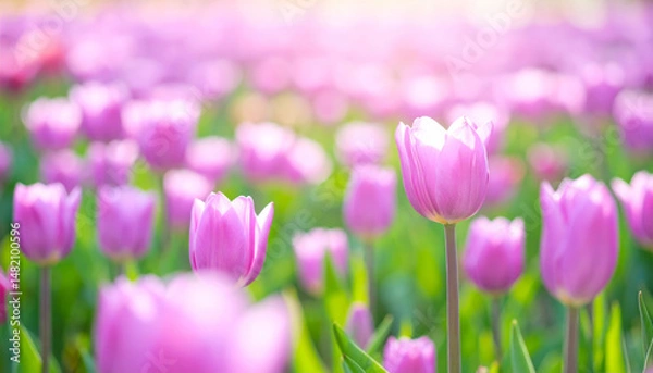 Fototapeta field of light purple tulips creates dreamy atmosphere, with soft sunlight illuminating blossoms and gentle blur enhancing serene beauty of nature