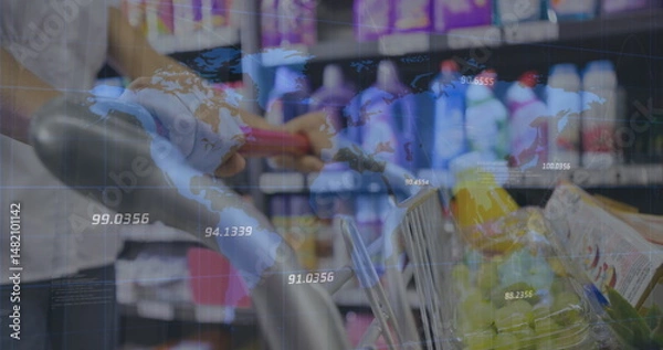 Obraz Gripping shopper hands guiding grocery-filled cart through supermarket aisle, with data overlay