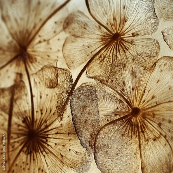 Fototapeta Delicate pressed flowers, translucent and brown, showcasing intricate details