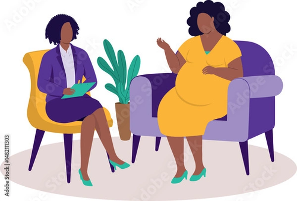 Obraz Plus Size Black Pregnant Woman Sitting On Couch And Talking To Her Psychologist During A Psychotherapy Session.
