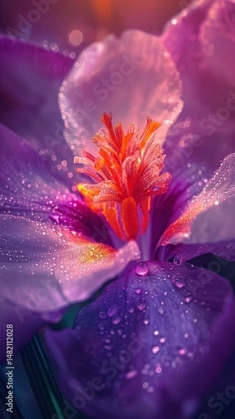 Fototapeta Vibrant Purple and Orange Iris Flower with Dewdrops. Macro Photography Reveals Intricate Petal Texture, Creating a Dreamy and Cinematic Fantasy Effect