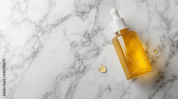 Obraz transparent cosmetic skin care product bottle label mockup isolated on marble texture background black veins  with green leaves and sunlight 