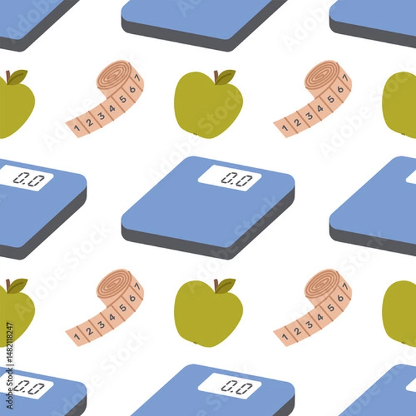Obraz Seamless pattern with electronic floor scales, tape measure and apple on white background. Weight loss and diet. Obesity or overweight control. Healthy lifestyle and fitness. Vector flat illustration