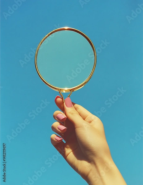 Fototapeta Reflecting the Sky: A hand holds a round mirror against a vibrant blue backdrop.