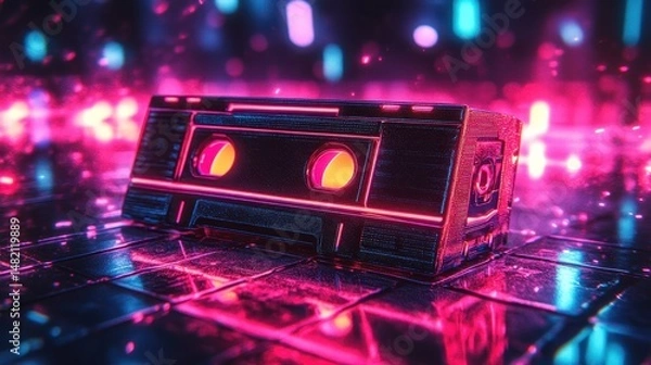 Fototapeta Neon glow retro cassette in futuristic cyberpunk scene