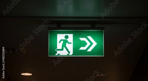 Fototapeta Photo of Illuminated Green Emergency Exit Sign