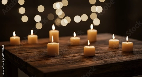 Fototapeta Photo of Lit Candles on Rustic Wooden Table in Warm Golden Light