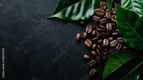 Fototapeta Roasted coffee beans cascade next to vibrant green leaves on a textured black surface