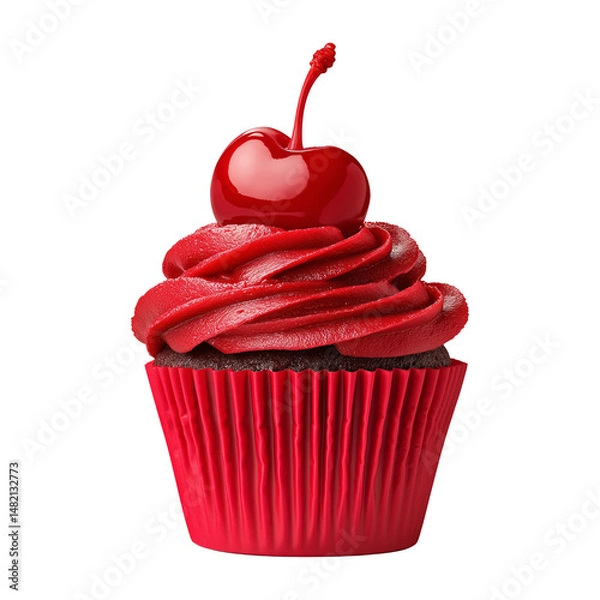 Fototapeta Chocolate cupcake with red frosting and cherry on top, isolated on white transparent background, concept of dessert and sweets