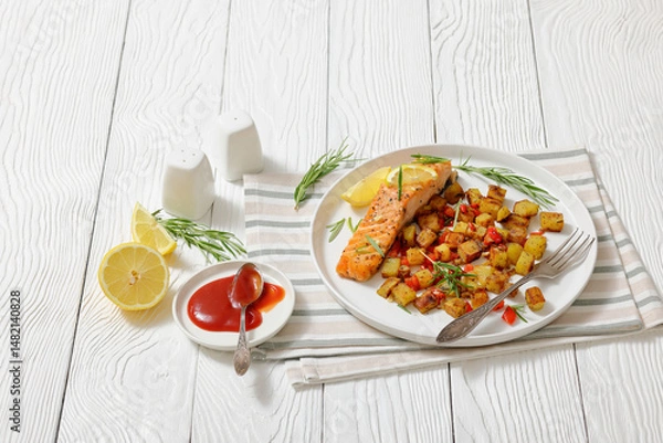 Obraz Oven-baked salmon fillet with fried potato, lemon
