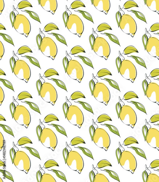 Fototapeta Lemon citrus fruit, line art seamless pattern. Elegant hand drawn doodle black ink brush stroke branch, leaves outline sketch charcoal style illustration. White colour background. Modern vector swatch