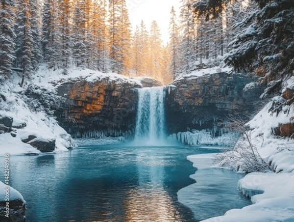 Fototapeta Frozen waterfall cascading into an icy river surrounded by frosted pines, Generative AI