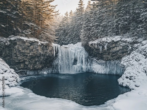 Fototapeta Frozen waterfall cascading into an icy river surrounded by frosted pines, Generative AI
