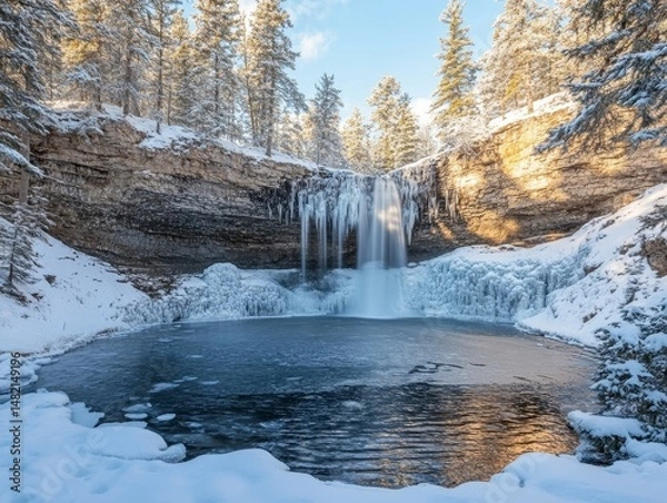 Fototapeta Frozen waterfall cascading into an icy river surrounded by frosted pines, Generative AI