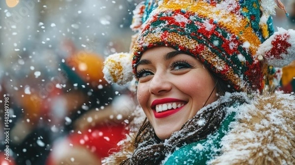 Fototapeta cheerful holiday parade with colorful floats, performers, and softly falling snow, Generative AI