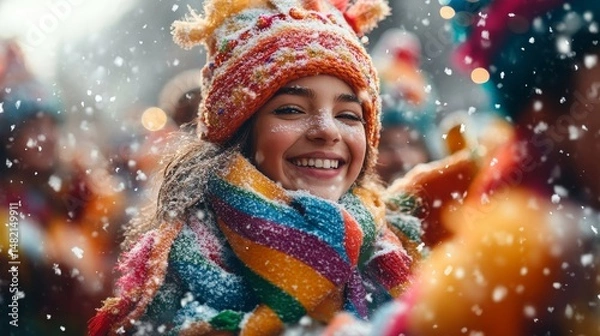 Fototapeta cheerful holiday parade with colorful floats, performers, and softly falling snow, Generative AI