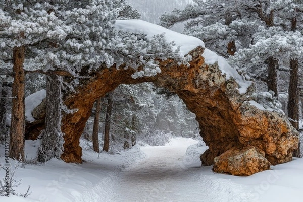 Fototapeta Frosted evergreen trees forming a natural arch over a snowy path, Generative AI