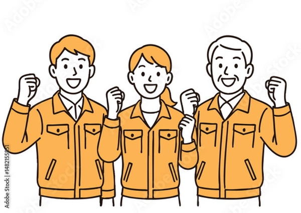 Obraz 作業服を着た社員チームのガッツポーズイラスト