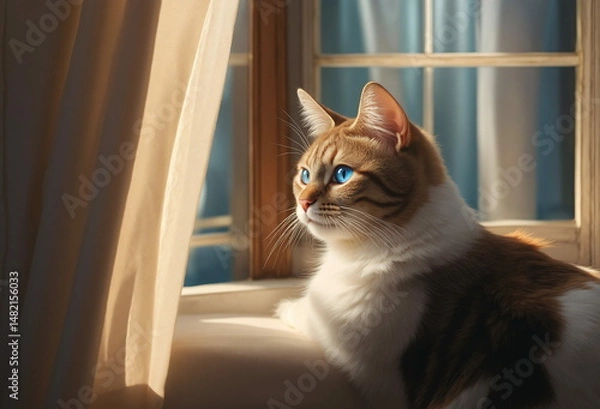 Obraz Fluffy cat looking out rainy window with blurred background - Generative AI